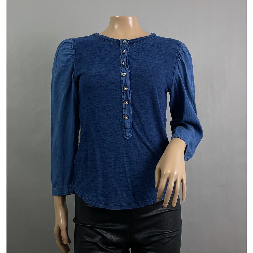 Rebecca Taylor La Vie Top Women XS Blue Henley Button Long Puff Sleeve Chambray